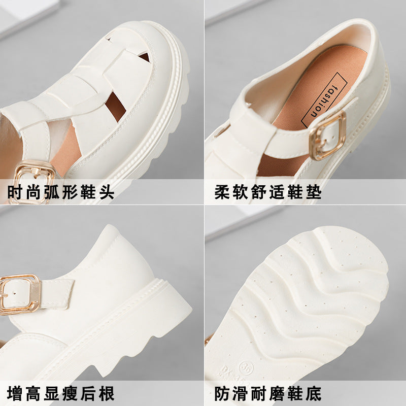 Roman sandals women's 2023 summer flats thick sole british style woven women's shoes toe cap cut out pig cage shoes low heel