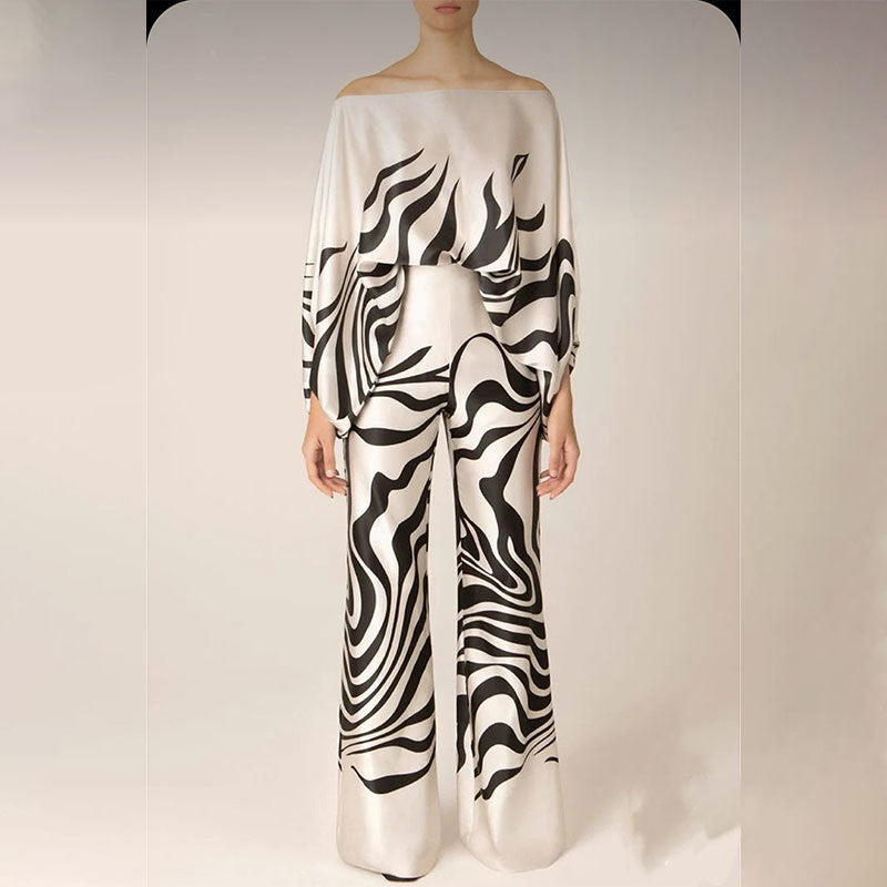 cross-border e-commerce european and american women's clothing: new summer collection - printed off-the-shoulder loose batwing sleeve wide-leg pants set