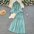 Minimalist solid color elegant women's spring outfit: bubble sleeve tie-up blouse + elastic waist slimming midi skirt