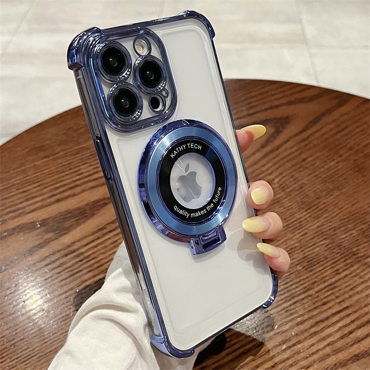 Four-corner anti-fall electroplating suitable for apple 16pro ring holder mobile phone case iphonexr/12 transparent protective cover