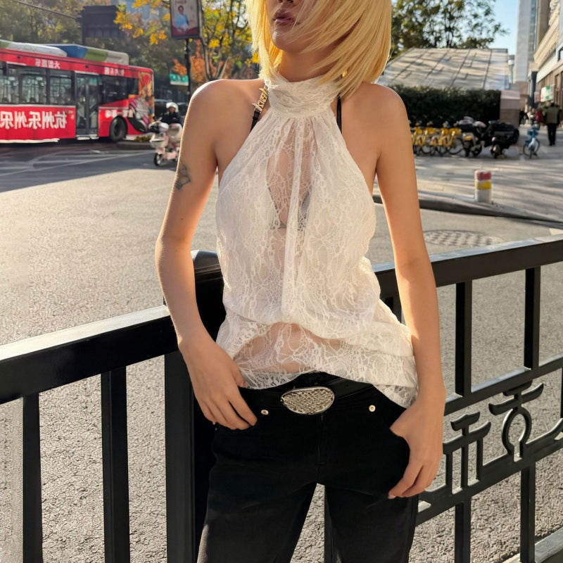 European and american style women's spring  new fashion: unique high-neck lace see-through sleeveless backless irregular top