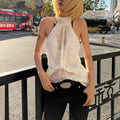 European and american style women's spring  new fashion: unique high-neck lace see-through sleeveless backless irregular top