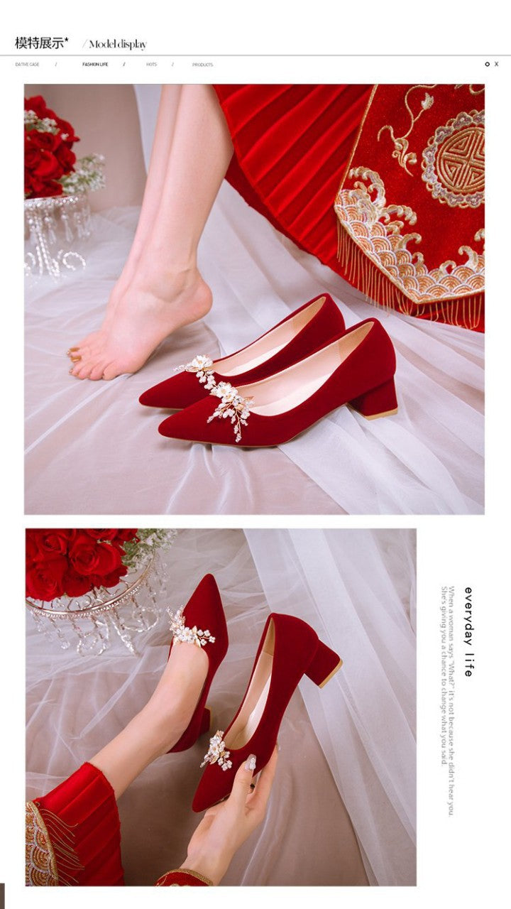 Spring & fall low ankle red pure colorspot viscose shoes thick heel flat heel pointed toe banquet high heels