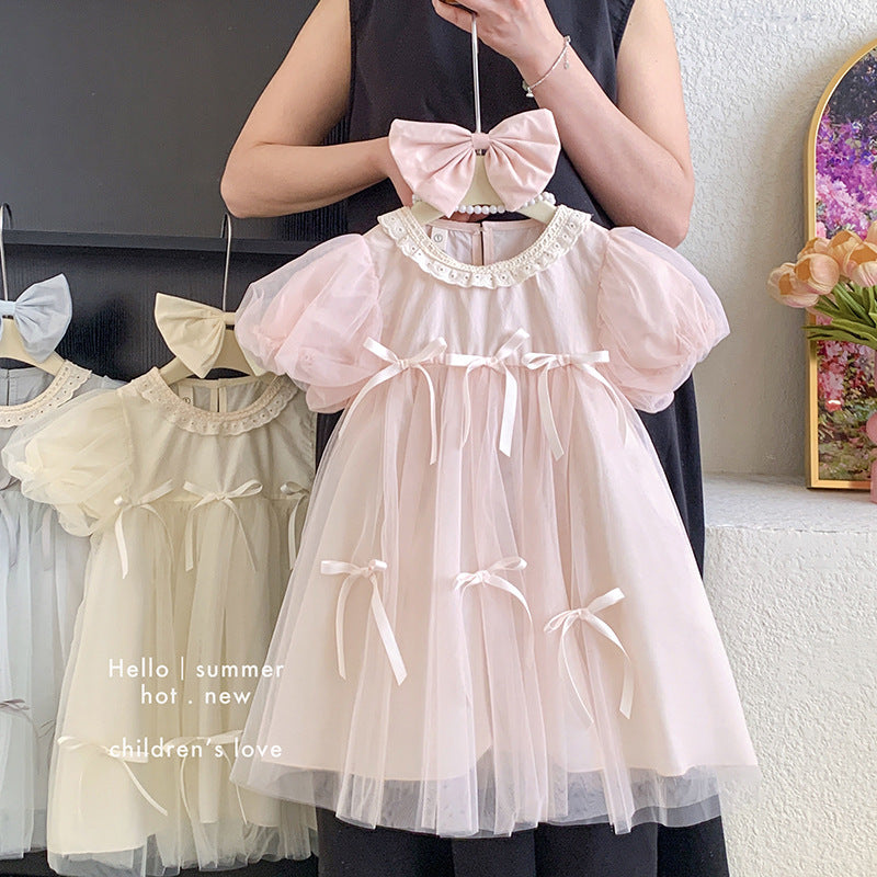 new girls' summer dress: stylish and trendy bubble sleeve mesh dress - sweet and elegant princess style