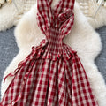French chic fairycore dress - women's summer 3d floral halter neck cami dress with cinched waist and elegant flared plaid maxi skirt