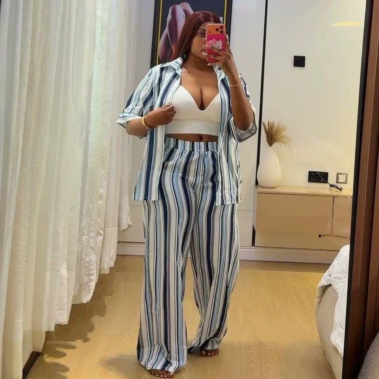 European and american cross-border african women's clothing  summer new fashion casual striped loose shirt high-waisted pants set