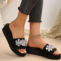 Amazon's new thick sole flip-flops for women summer outwear rhinestone flower high heel open slippers women's beach sandals
