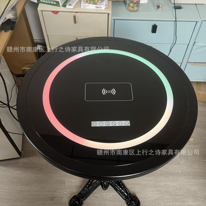 Hotel negotiation table retro dining table with wireless charging bluetooth audio all solid wood desktop small round table desk