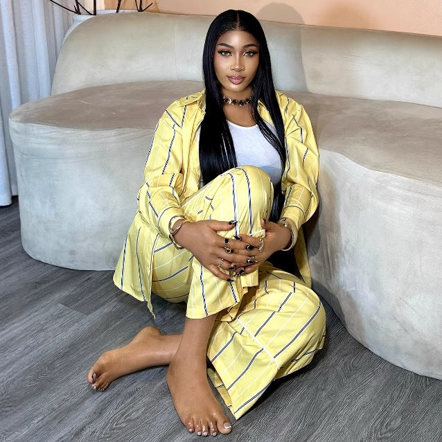 European and American large-size women's striped cardigan lapel long-sleeved shirt wide-leg pants African women's casual foreign style two-piece set
