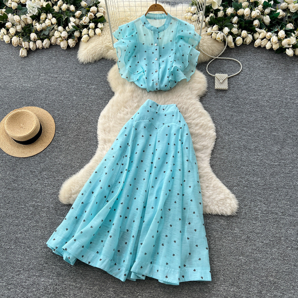 French chic two-piece set: women's gentle style round neck ruffle trim heart print top + high-waisted flared midi skirt