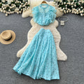 French chic two-piece set: women's gentle style round neck ruffle trim heart print top + high-waisted flared midi skirt