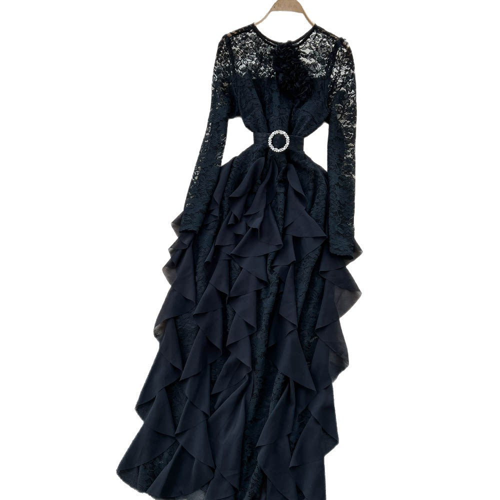 Frenchclassy stereo flower rufflespatchworklong sleeveslacedress women's accessible luxuryelegance dress long skirt