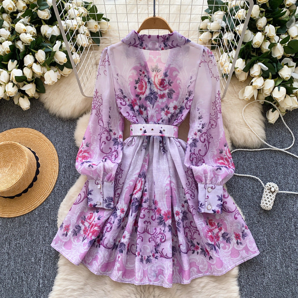 spring new arrival: royal court style retro stand collar dress - european & american socialite design, cinched waist, single-breasted button, printed maxi dress
