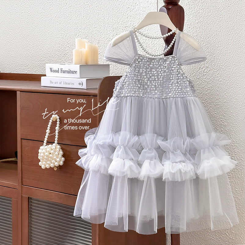 Girls' dress  summer new arrival: sweet sequin princess dress for kids, cute baby mesh tutu skirt
