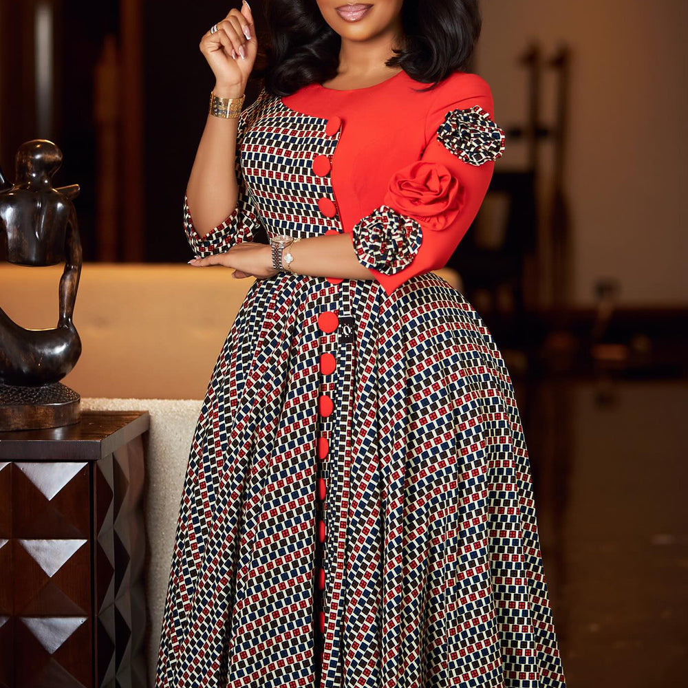 D598 women's foreign trade cross-border new fashion elegant round neck three-quarter sleeve printed patchwork african dress