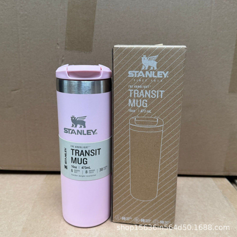 Stanley-style 16oz stainless steel insulated tumbler - straight-sided, car & outdoor water bottle - keeps drinks hot or cold, large capacity