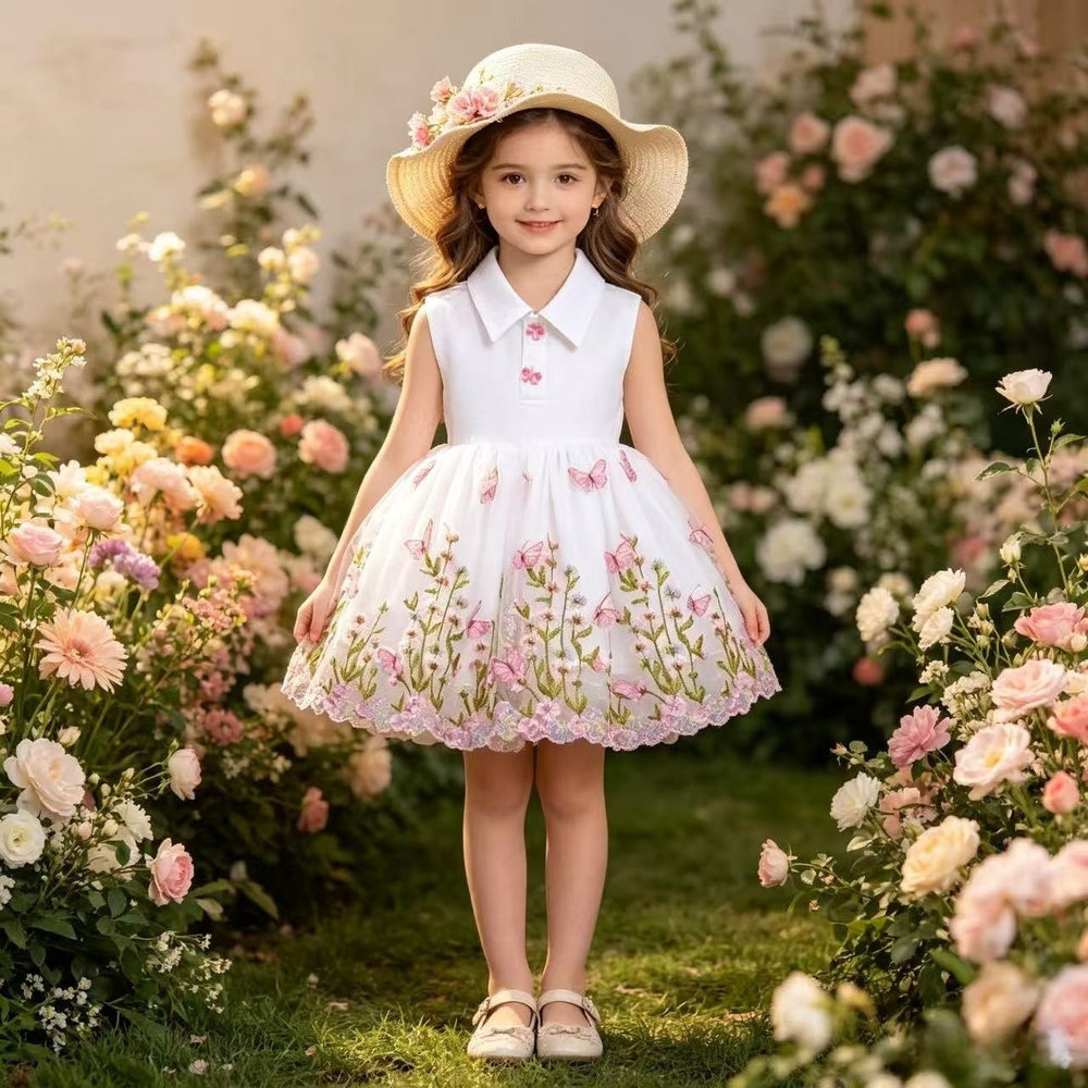 Girls' summer dress  new princess dress butterfly embroidery mesh skirt stylish children's dress summer trendy
