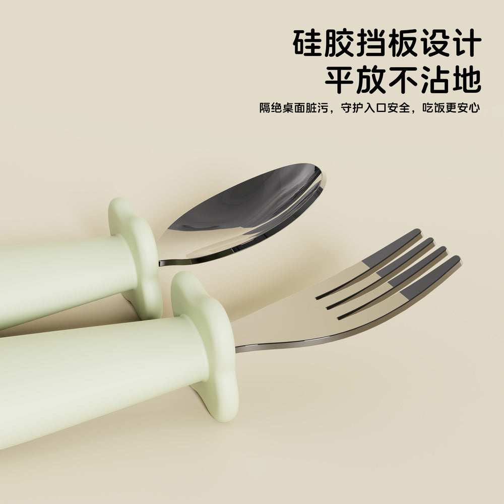 Baby silicone short-handled stainless steel fork and spoon set - self-feeding utensils for infants - cross-border hot seller