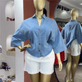 European and american style women's  autumn new collection: sweet and fresh turn-down collar batwing sleeve denim shirt top
