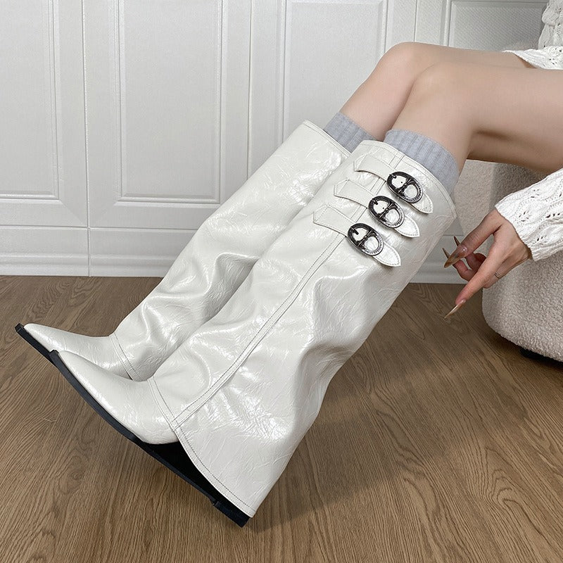 2025new arrival pointed toe pile boots women's belt buckle hidden heel over the knee knight boots fall and winterfrenchslimming look boots