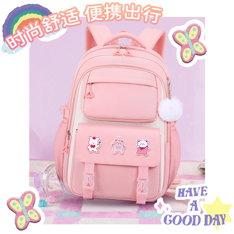 New arrival primary and secondary school students backpack large capacity burden reduction spine protection student school bag small stuffed pendant and pin storage