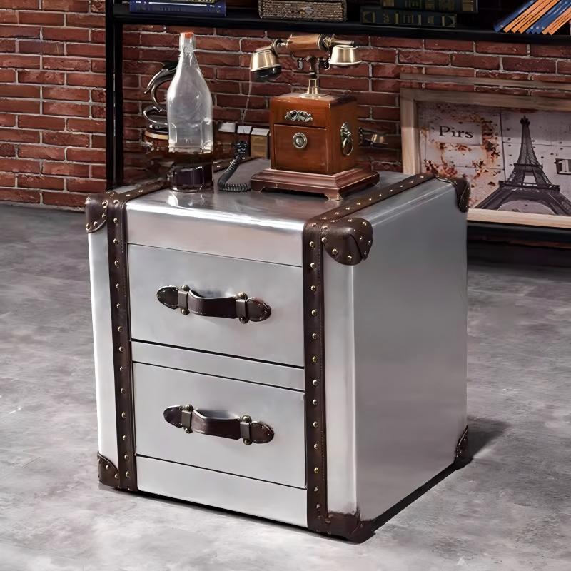 American retro coffee table and side table set - metal aluminum, genuine leather, industrial style for office, cafe, or cigar shop