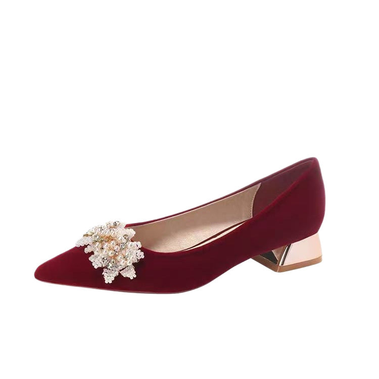 Red velvet wedding shoes bridal shoes low heel square heel pointed toe flats