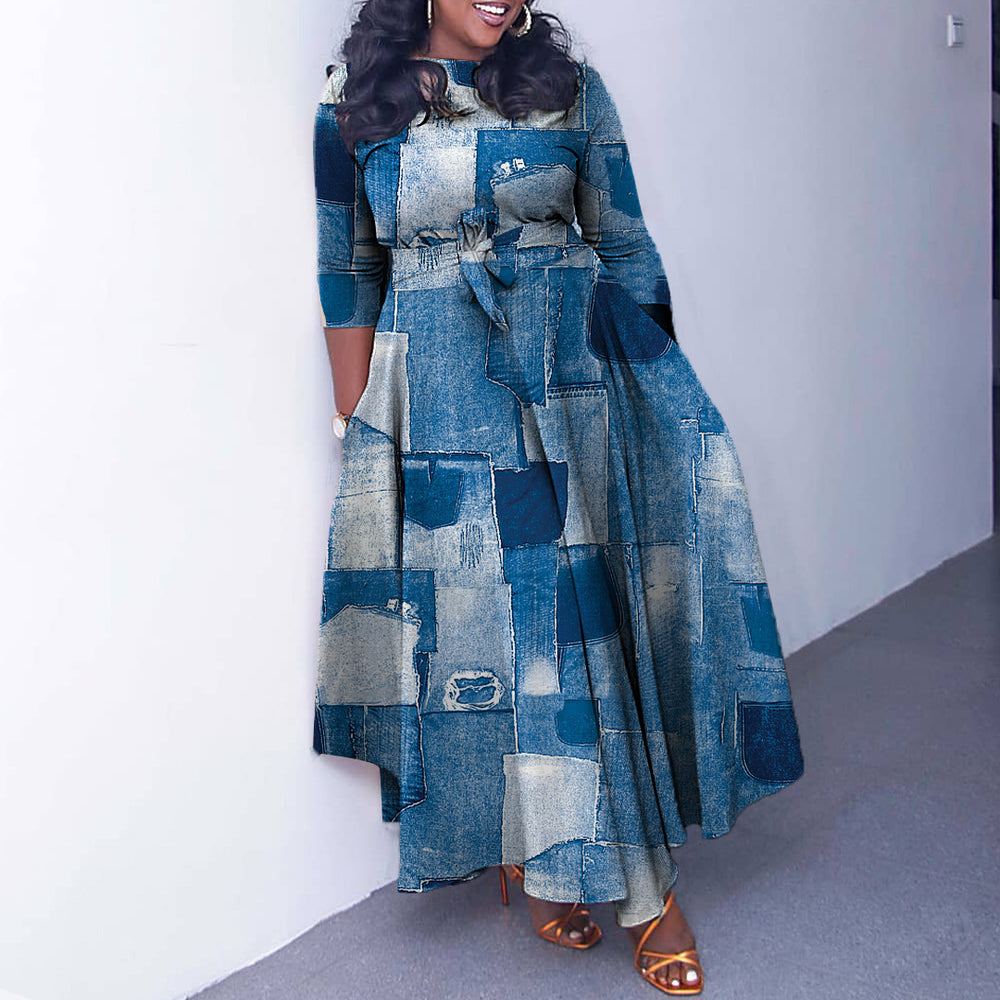 Amazon women's spring  new fashionable elegant printed tie-waist maxi dress - plus size available for export