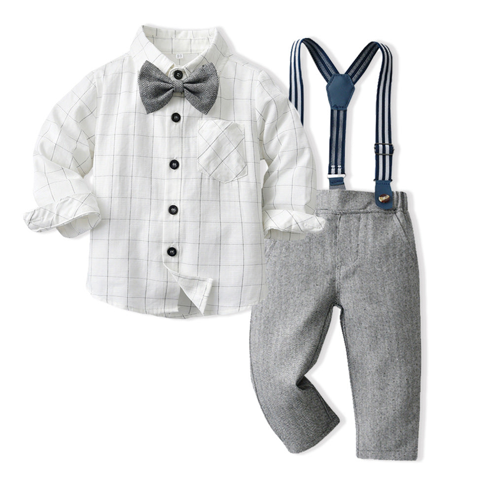 Top and top spring autumk-style boyssuitlong sleevesplaidshirtoverallsnew arrivalwholesale