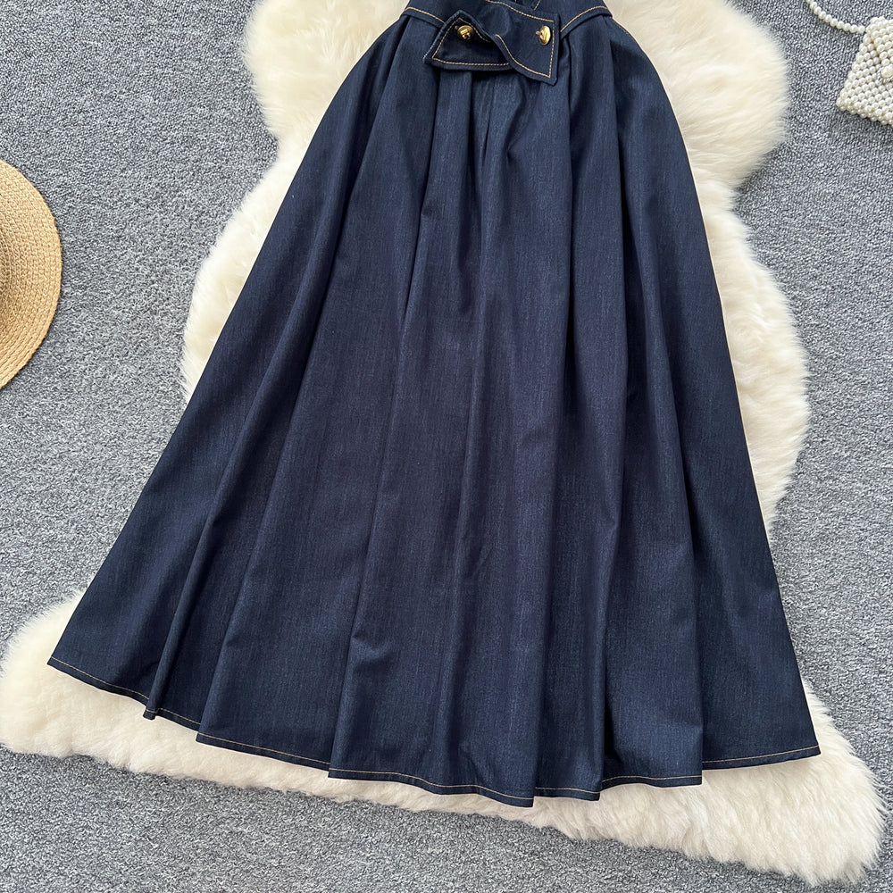 Frenchretrov neck metal buckle topstitch waist elegant sleeveless dress women's summer slimming lookelegance denim long skirt