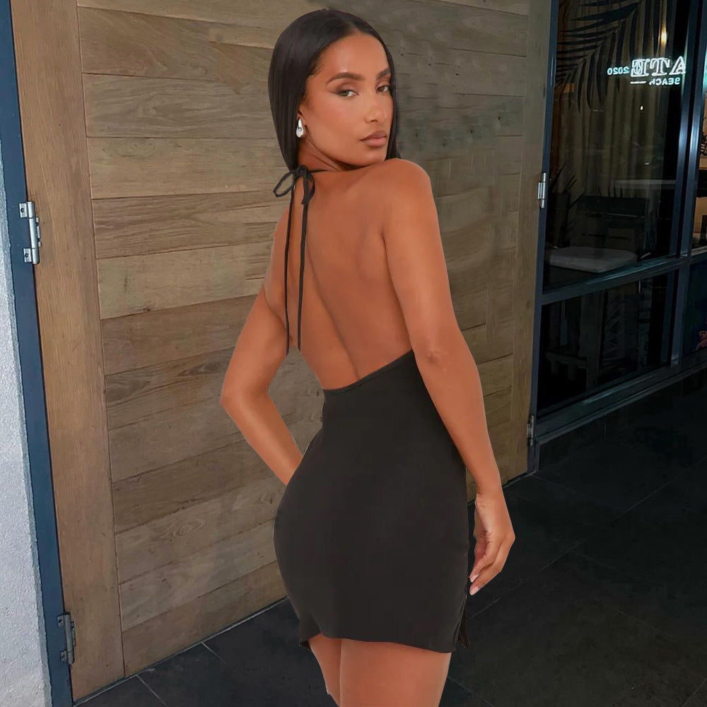 9964DHD  popular 2024 summer new product lace-up halter split deep V hot drill European and American dress women