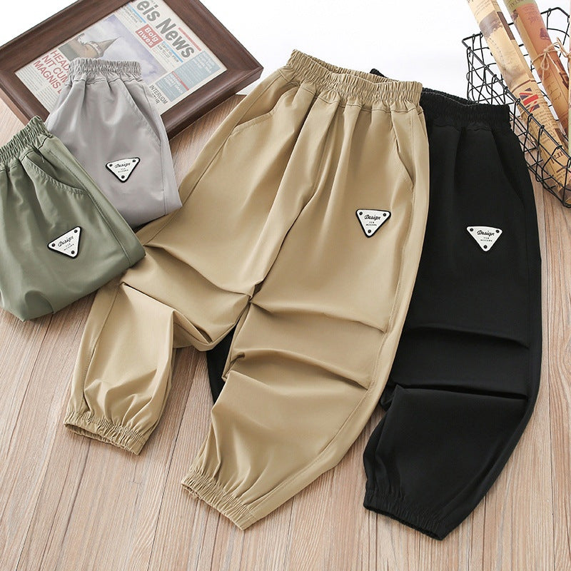 Boys' summer lightweight ice silk pants - quick-dry, mid-to-large size, casual sports trousers with elastic cuffs - mosquito-proof