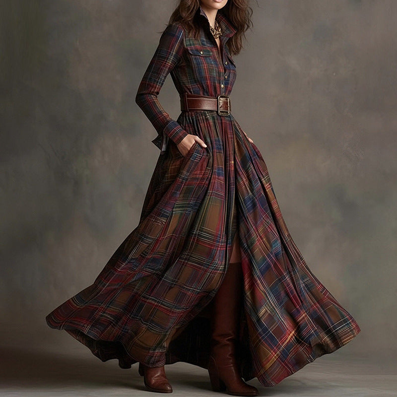 cross-border e-commerce european and american women's clothing: new summer collection - fashionable, casual, and elegant plaid notch collar slim-fit dress