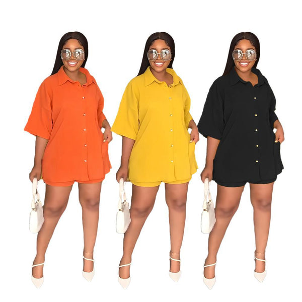 9908 Cross-border Europe, America,  solid color lapel long shirt casual shorts set women's two-piece set