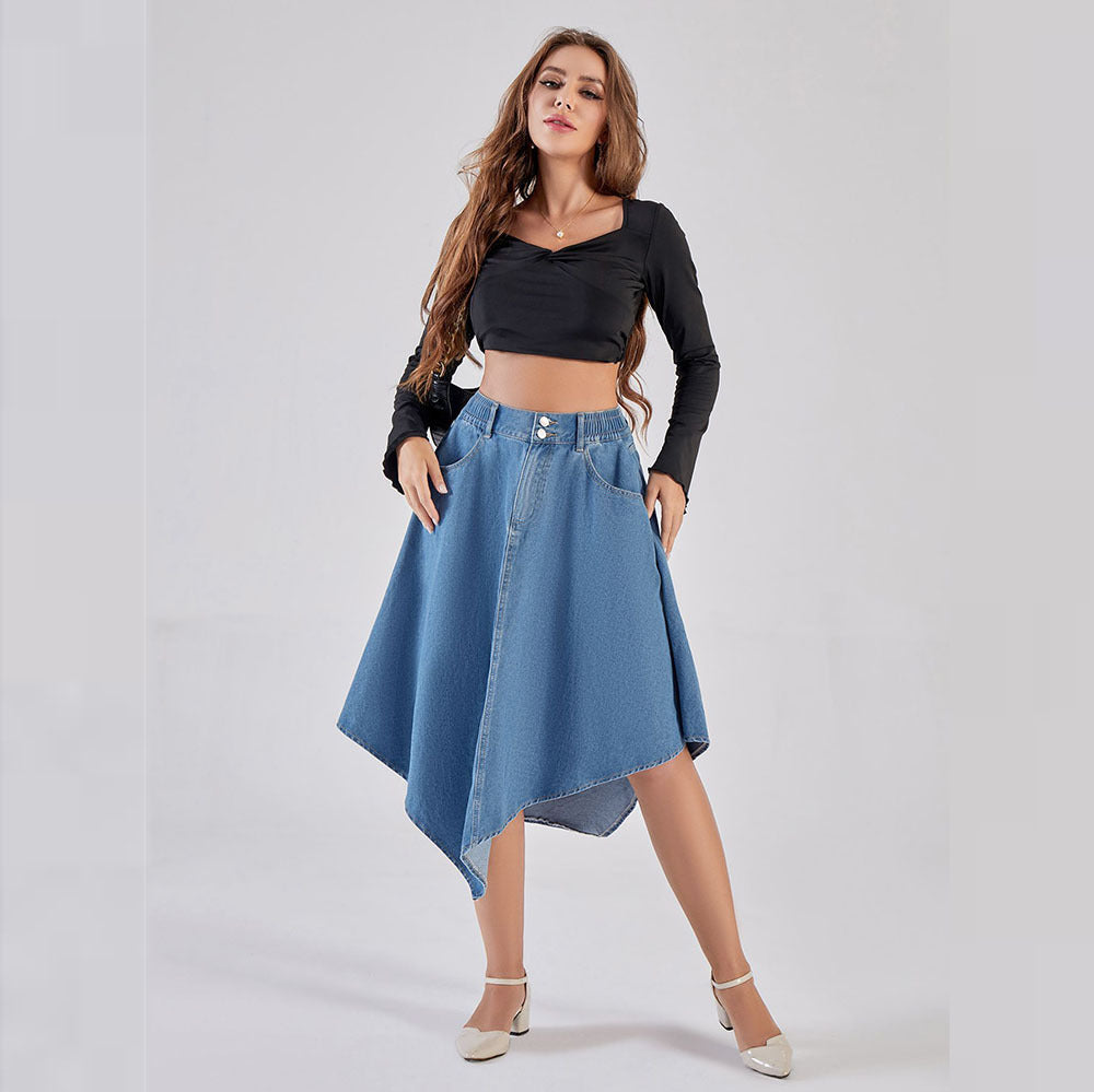 European and american style women's denim midi skirt -  cross-border fashion, streetwear trendy elastic waist asymmetrical denim skirt