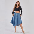 European and american style women's denim midi skirt -  cross-border fashion, streetwear trendy elastic waist asymmetrical denim skirt