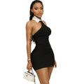 European and american style cross-border fashion women's backless bodycon solid color bodycon dress sleeveless mid-waist halter neck shirt dress