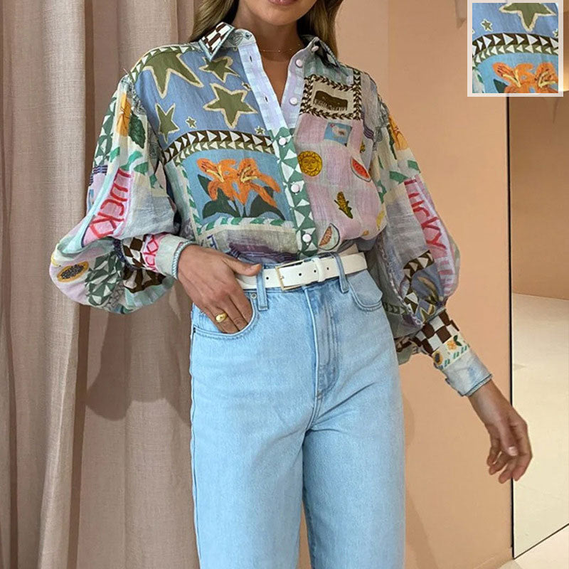 cross-border european and american women's clothing: new summer collection - elegant and chic turn-down collar printed oversized shirt 661