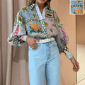 cross-border european and american women's clothing: new summer collection - elegant and chic turn-down collar printed oversized shirt 661