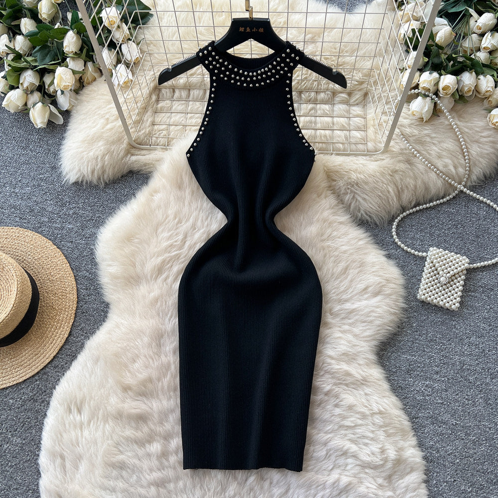 Korean style sleeveless beaded round neck dress - women's summer high waist slim fit bodycon a-line skirt - commute outfit