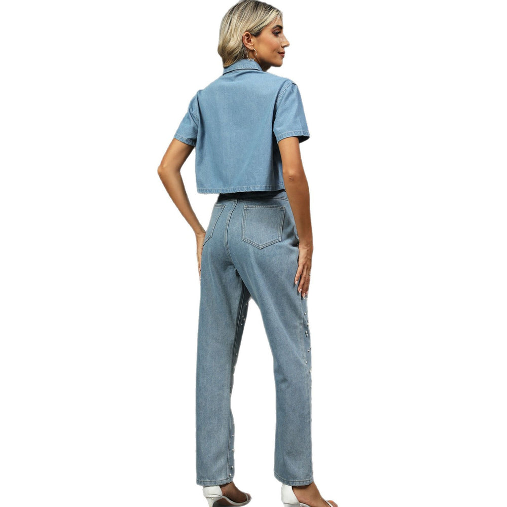 European and american cross-border women's summer new arrivals:  independent site washed cropped top + pearl pants set - trendy style