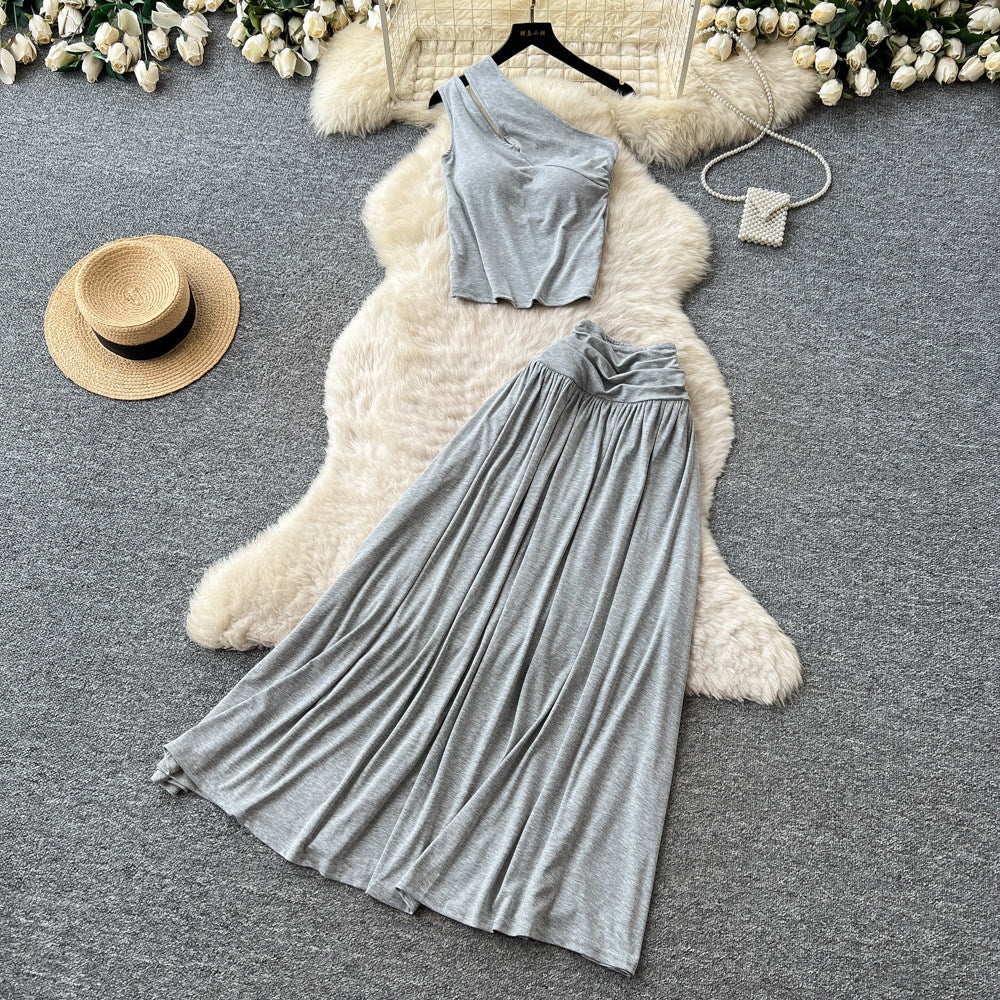 Lazy style slanted shoulder skirt slimming lookelegantfashionsuitsummerhigh waist skirt slimming lookelegantfashionsuit