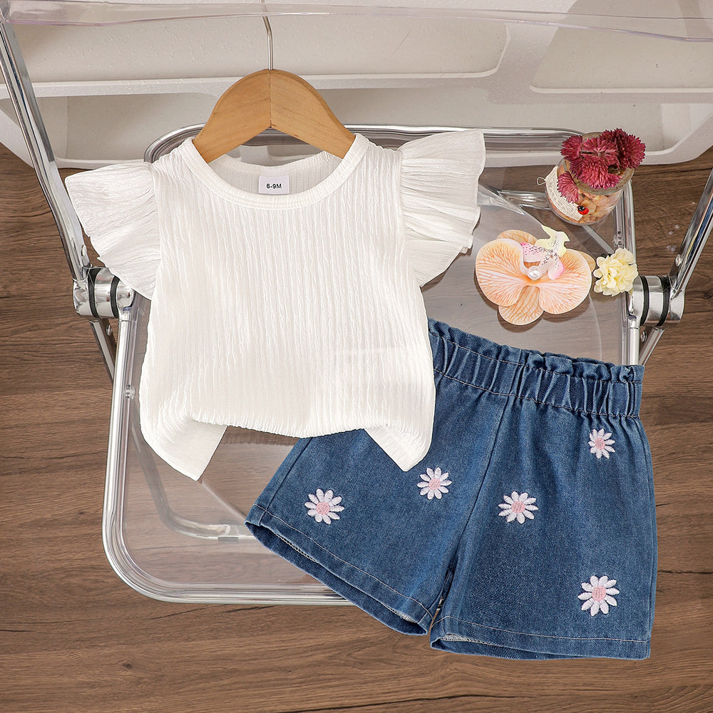 Children's clothing  fashion children's clothing cross-border off-white flying sleeve t-shirt + blue shorts