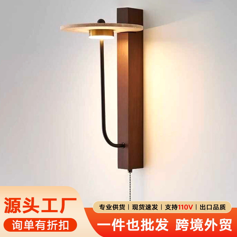 Yellow travertine walnut medieval wall lamp with its own switch, living room high-end homestay stairs, American retro bedside lamp