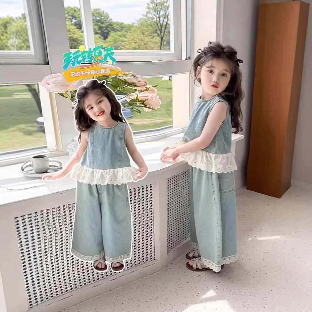 Girls' denim summer outfit set - new 101.3kg piece set, stylish sleeveless summer wide-leg pants with vest for kids