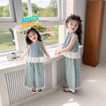 Girls' denim summer outfit set - new 101.3kg piece set, stylish sleeveless summer wide-leg pants with vest for kids