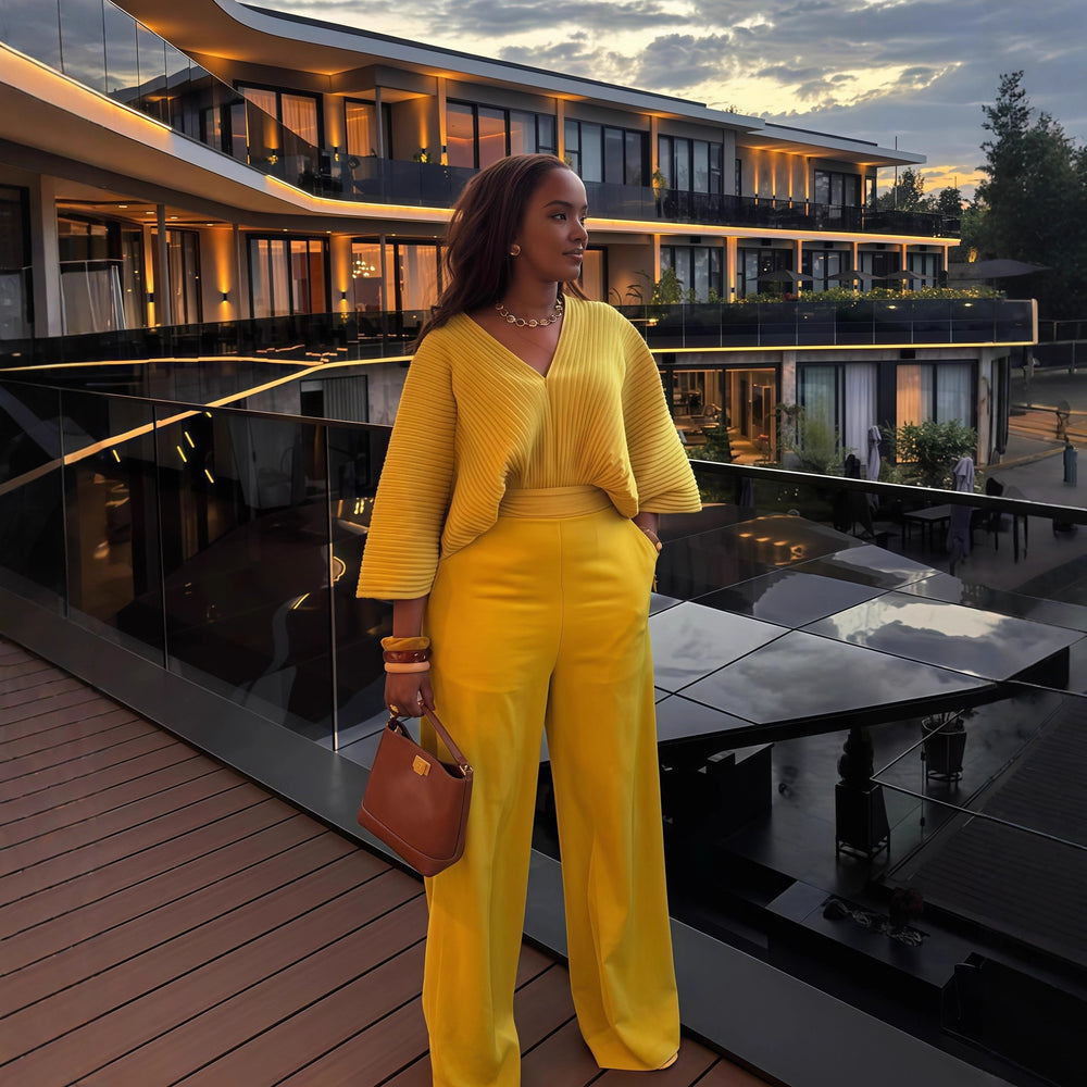 European and american cross-border women's fashion:  autumn new collection - solid color v-neck pleated loose top and high-waisted straight-leg pants two-piece set