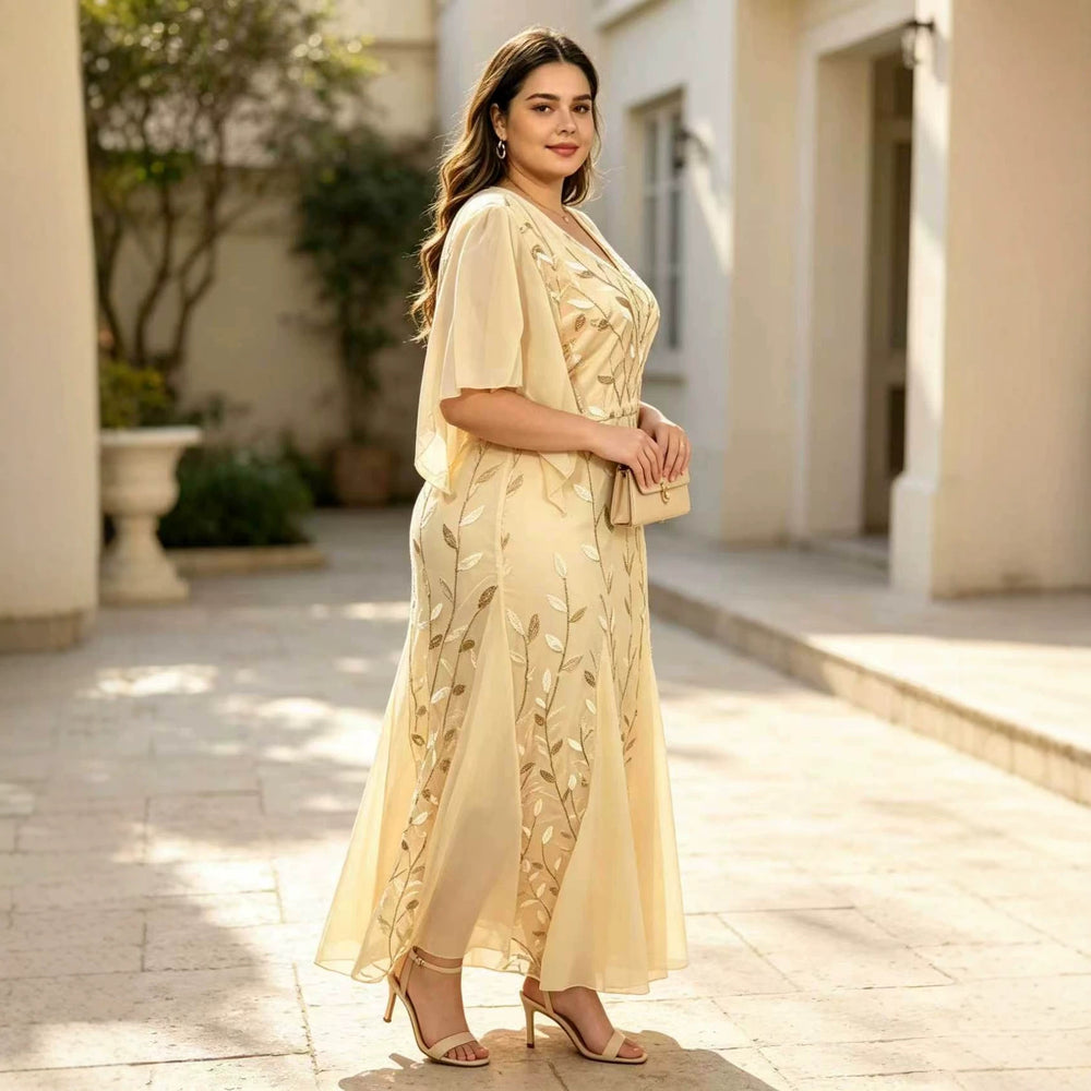 European and american plus-size women's clothing:  summer new arrival - short sleeve v-neck, cinched waist, ruched mesh panel long dress