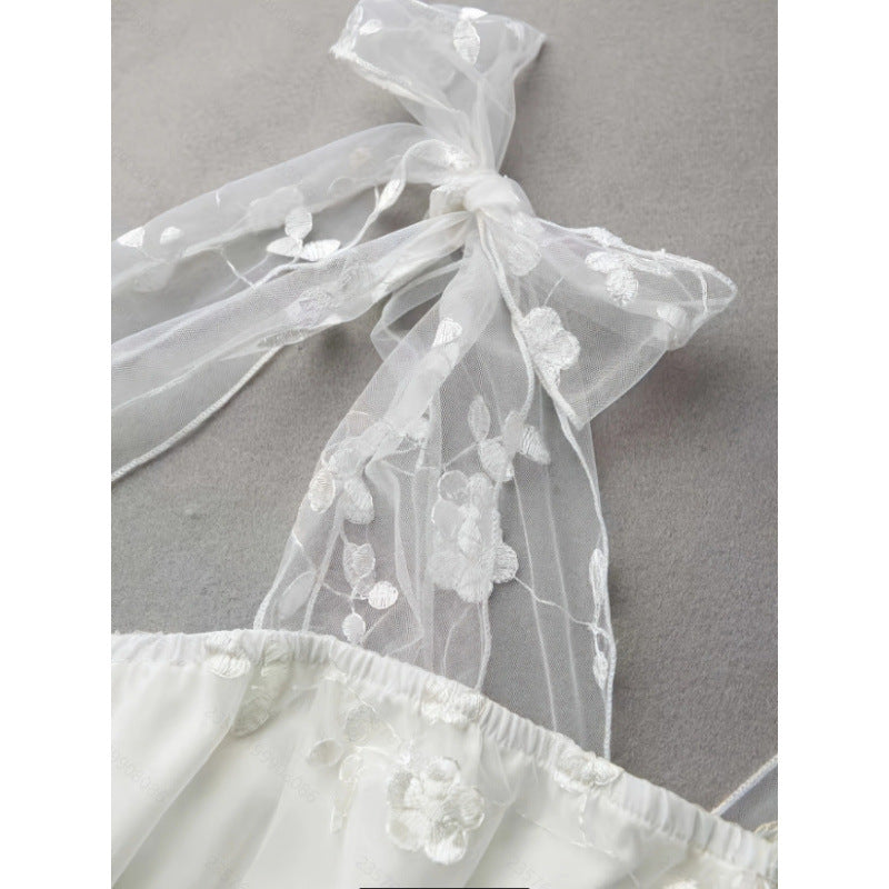 European and american cross-border women's summer elegant romantic mesh embroidered fabric tie-waist a-line midi dress