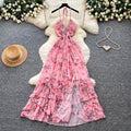 French holiday style v neckhalter floral dress women's summer beaded asymmetrical waist slimming lookruffles long skirt